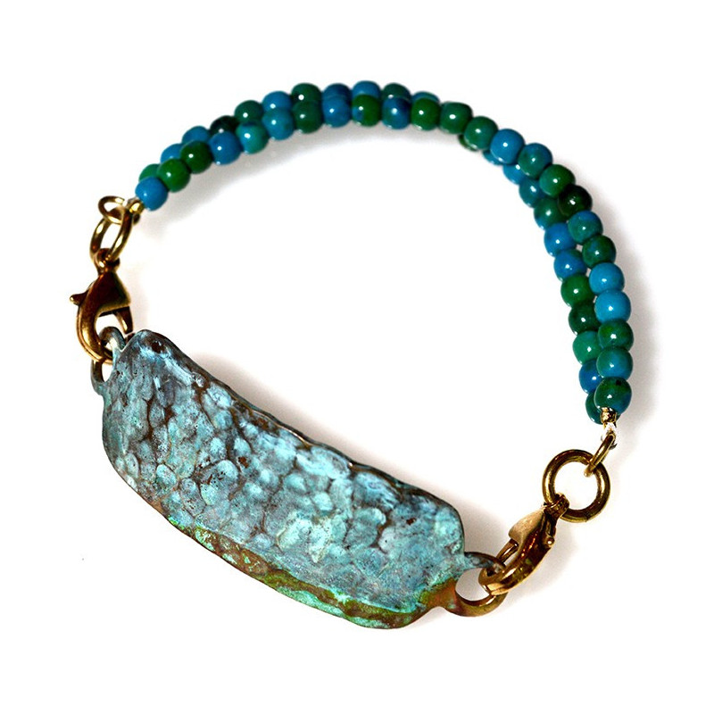 Verdigris Patina Hand Forged Brass Dimpled Rockband Bracelet